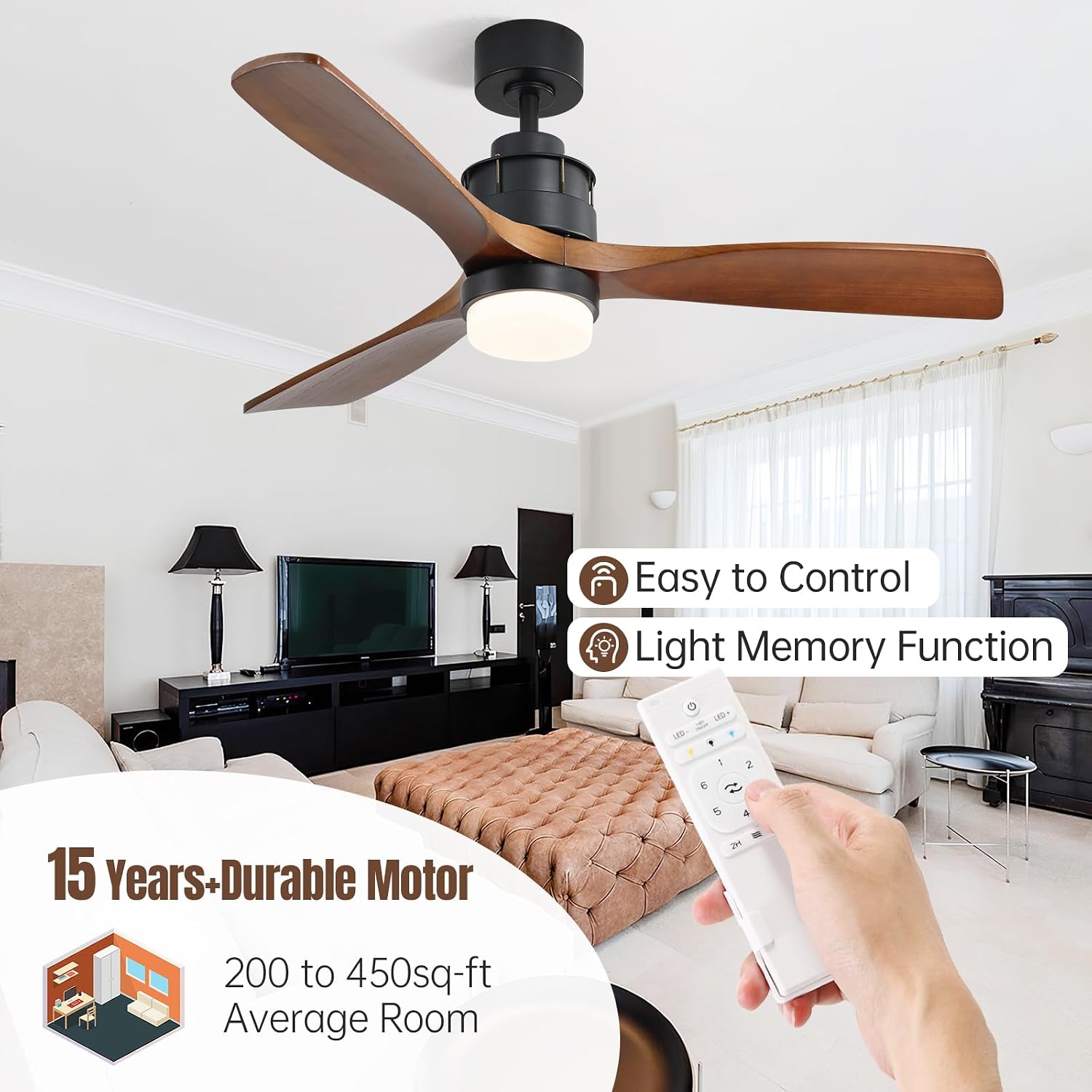 CACI Mall 60 inch Wood Ceiling Fan with Light, Outdoor Ceiling Fans for Covered Patios, Walnut, Remote Control, Large, for Porch/Garage/Farmhouse