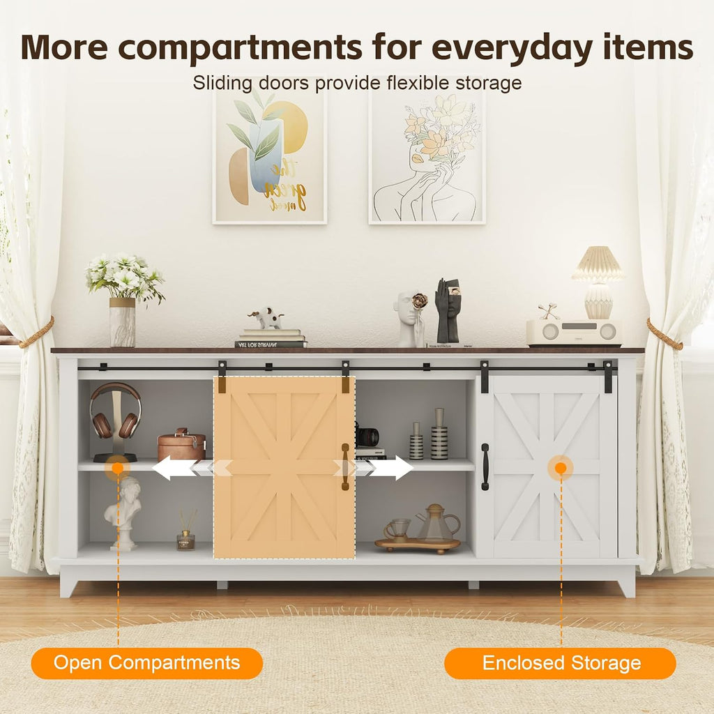 Garvee Home Farmhouse TV Stand for 75 in Television, Wood Entertainment Center with Storage & Barn Doors, Adjustable Shelf Media TV Console Table Cabinet for Living Room, 66 in Large, White