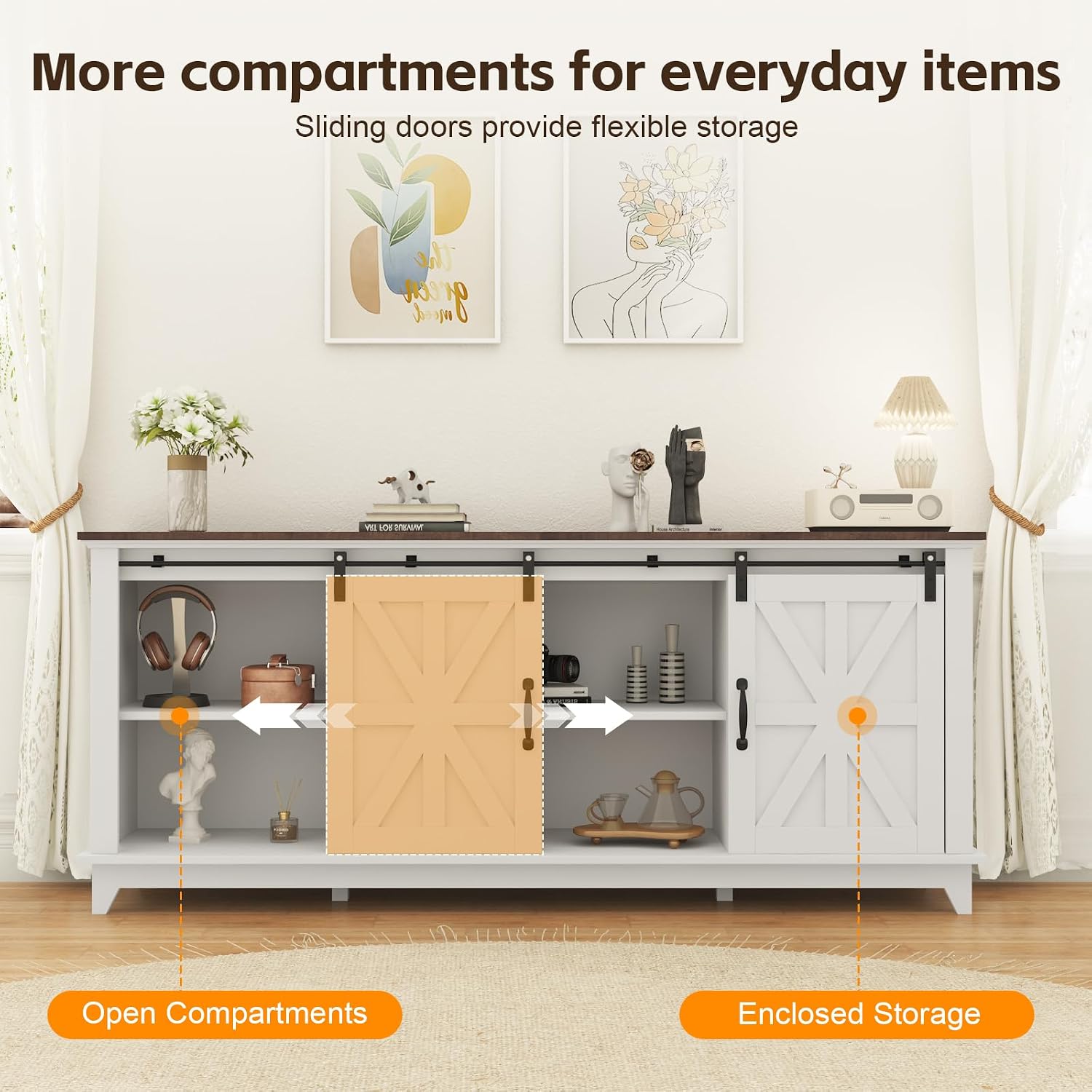 Garvee Home Farmhouse TV Stand for 75 in Television, Wood Entertainment Center with Storage & Barn Doors, Adjustable Shelf Media TV Console Table Cabinet for Living Room, 66 in Large, White