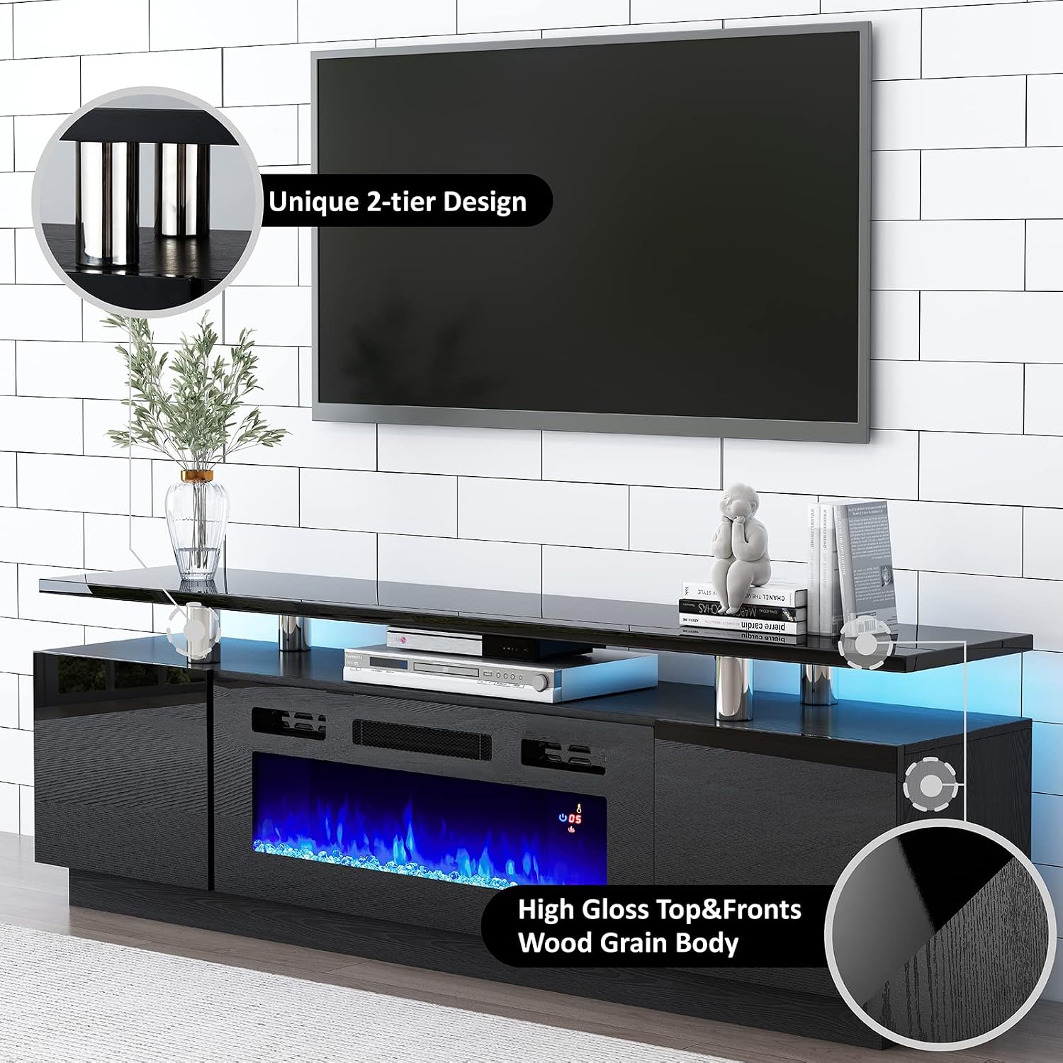AMERLIFE 110' Large Fireplace TV Stand Set with 36' Electric Fireplace, Includes 70' 2-Tier Fireplace TV Stand, 2 x End Tables, Modern High Gloss TV Console with LED Light for Living Room, Black