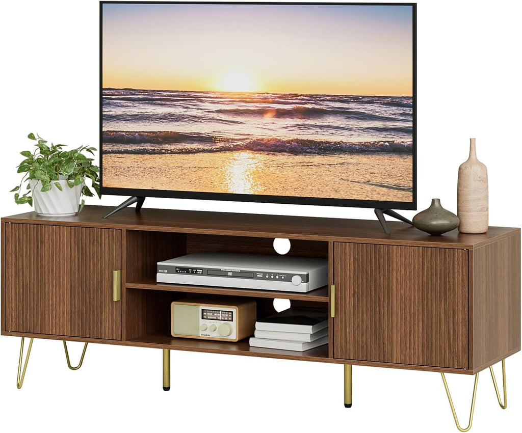 TV Stand for 55-65 Inch TV, Entertainment Center with Soft Hinge Door,TV Console Table with 2 Cabinets with Gold Handle and Feet,for Living Room, Bedroom, Walnut