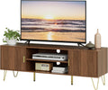 TV Stand for 55-65 Inch TV, Entertainment Center with Soft Hinge Door,TV Console Table with 2 Cabinets with Gold Handle and Feet,for Living Room, Bedroom, Walnut