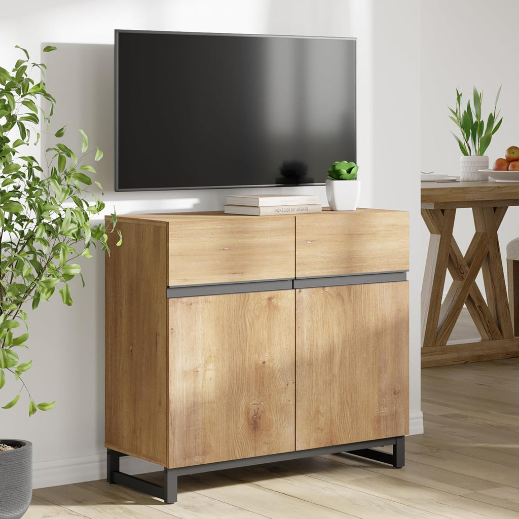 WAMPAT Modern TV Stand for TVs Up to 40 Inch, Entertainment Center Media Console with Adjustable Shelves & Metal Base for Living Room or Bedroom, Oak
