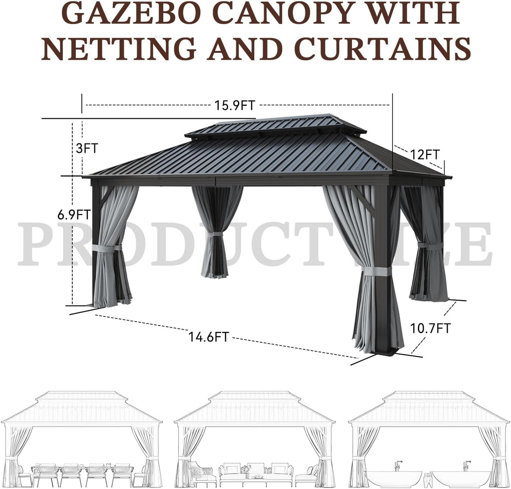 12' X 16' Hardtop Gazebo with Mosquito Netting and Curtains, Outdoor Gazebos with Double Roof, Galvanized Steel Permanent Aluminum Gazebo, for Gardens, Decks, Patios, Parties