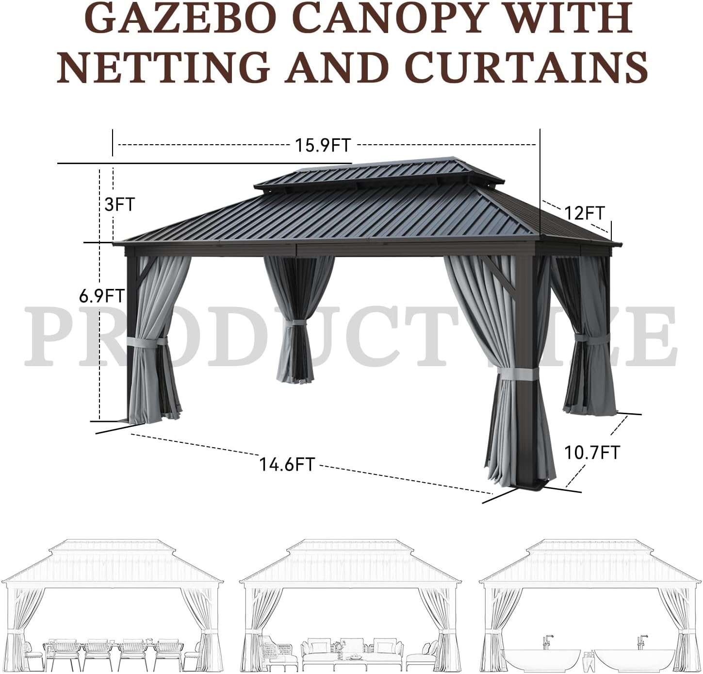 12' X 16' Hardtop Gazebo with Mosquito Netting and Curtains, Outdoor Gazebos with Double Roof, Galvanized Steel Permanent Aluminum Gazebo, for Gardens, Decks, Patios, Parties
