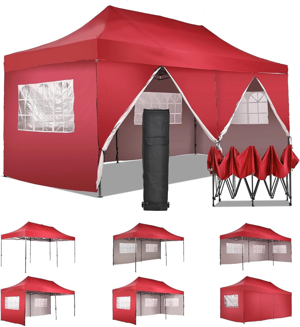 Outdoor Basic 10' x 20' Pop up Canopy Tent, Instant Heavy Duty Gazebo Tent with 6 Sidewalls/Wheeled Bag for Party Commercial Activity (Red, with 6 Sidewall)