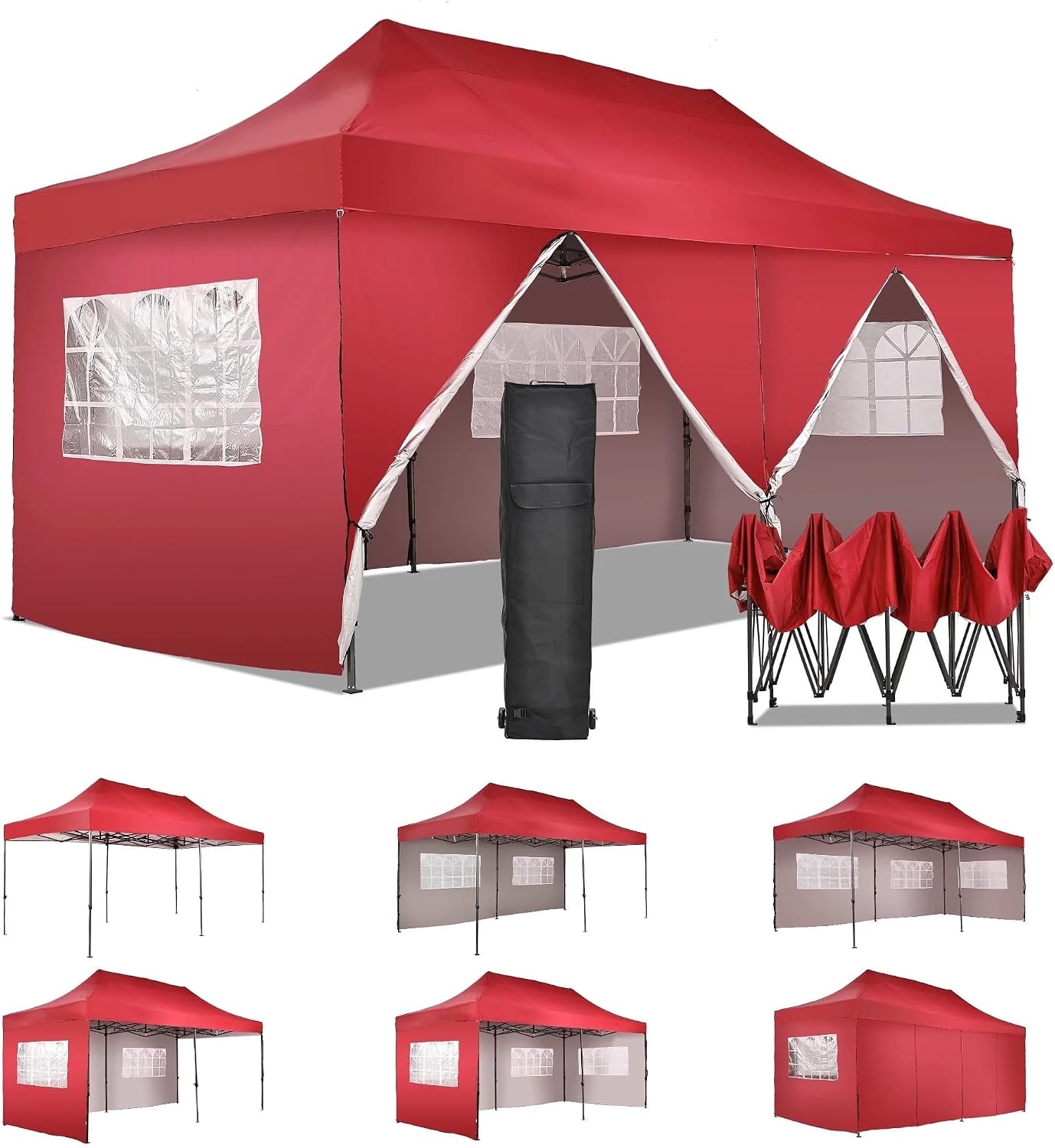 Outdoor Basic 10' x 20' Pop up Canopy Tent, Instant Heavy Duty Gazebo Tent with 6 Sidewalls/Wheeled Bag for Party Commercial Activity (Red, with 6 Sidewall)