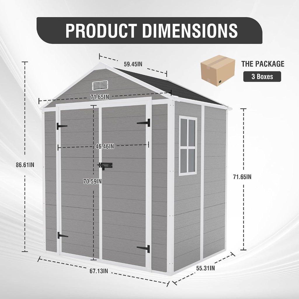 YOPTO 6x5 FT Resin Storage Shed,Garden House with Floor & Lockable Door,Waterproof Plastic Tool Sheds W/Slanting Roof Visual Window & Air Vents for Bicycles,Lawnmowers,Lawn,All Weather Use,Gray