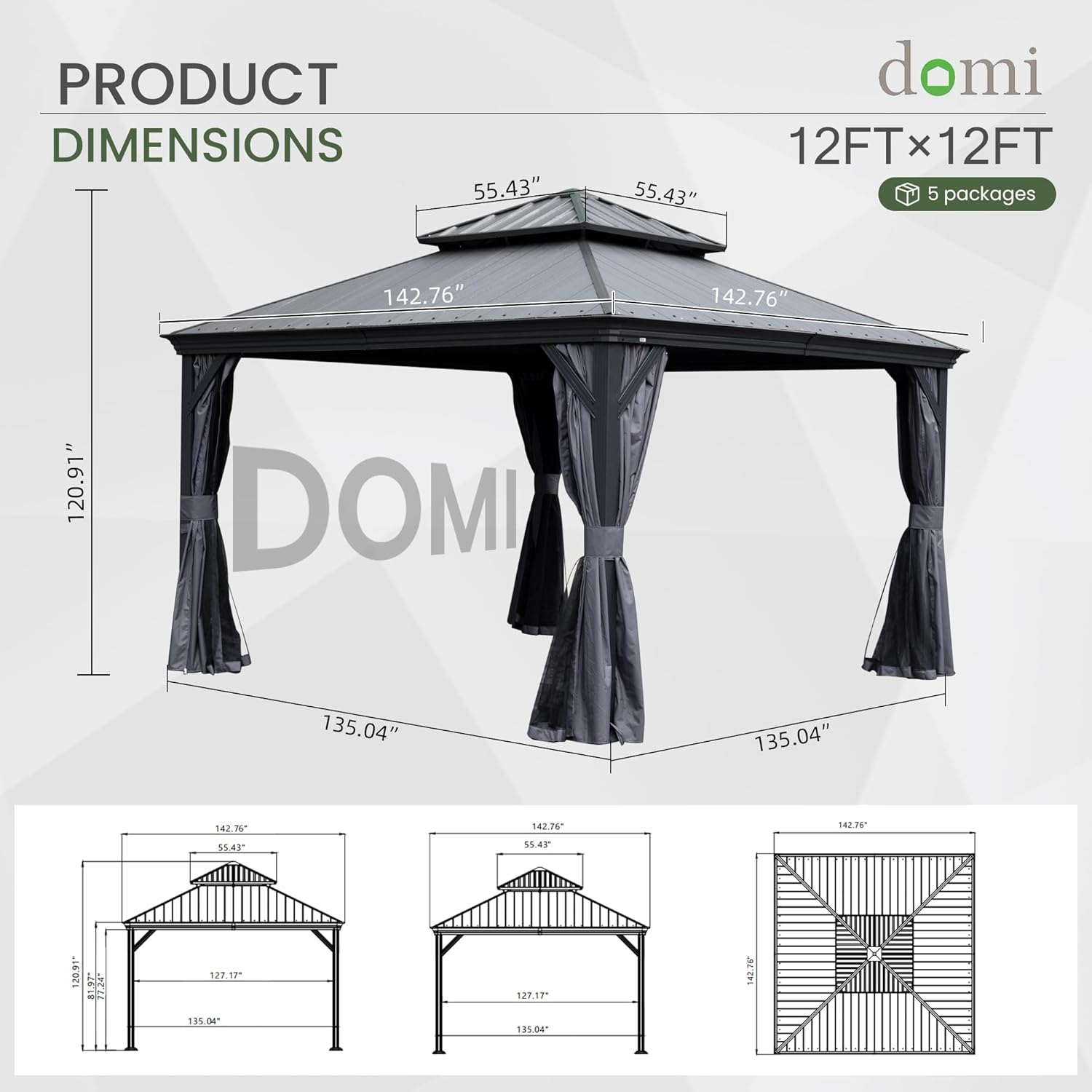 Domi 12' X 12' Hardtop Gazebo, Upgraded Metal Gazebo with Dual-Layer Resin Roof, Drainage System, Curtain and Netting, Outdoor Shelter Canopy for Patio, Garden, and Backyard, Grey