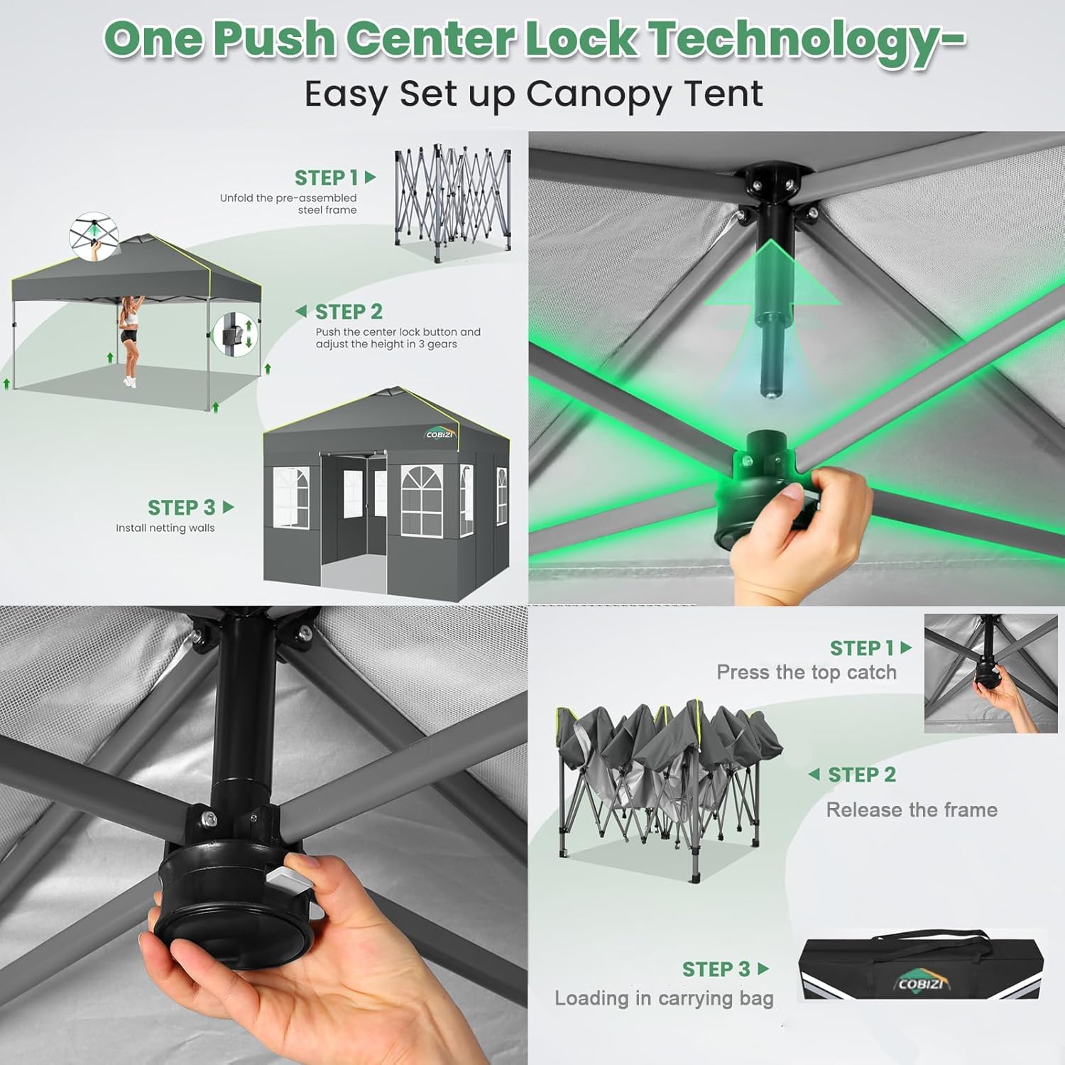 COBIZI 10x10 Pop Up Canopy Tent, Outdoor Party Tent with 4 Sidewall One Push Setup Glow, 3 Adjustable Height Air Vent Waterproof UPF50+, Bag, 4 Sandbag, 8 Stake, 4 Rope for Beach, Commercial