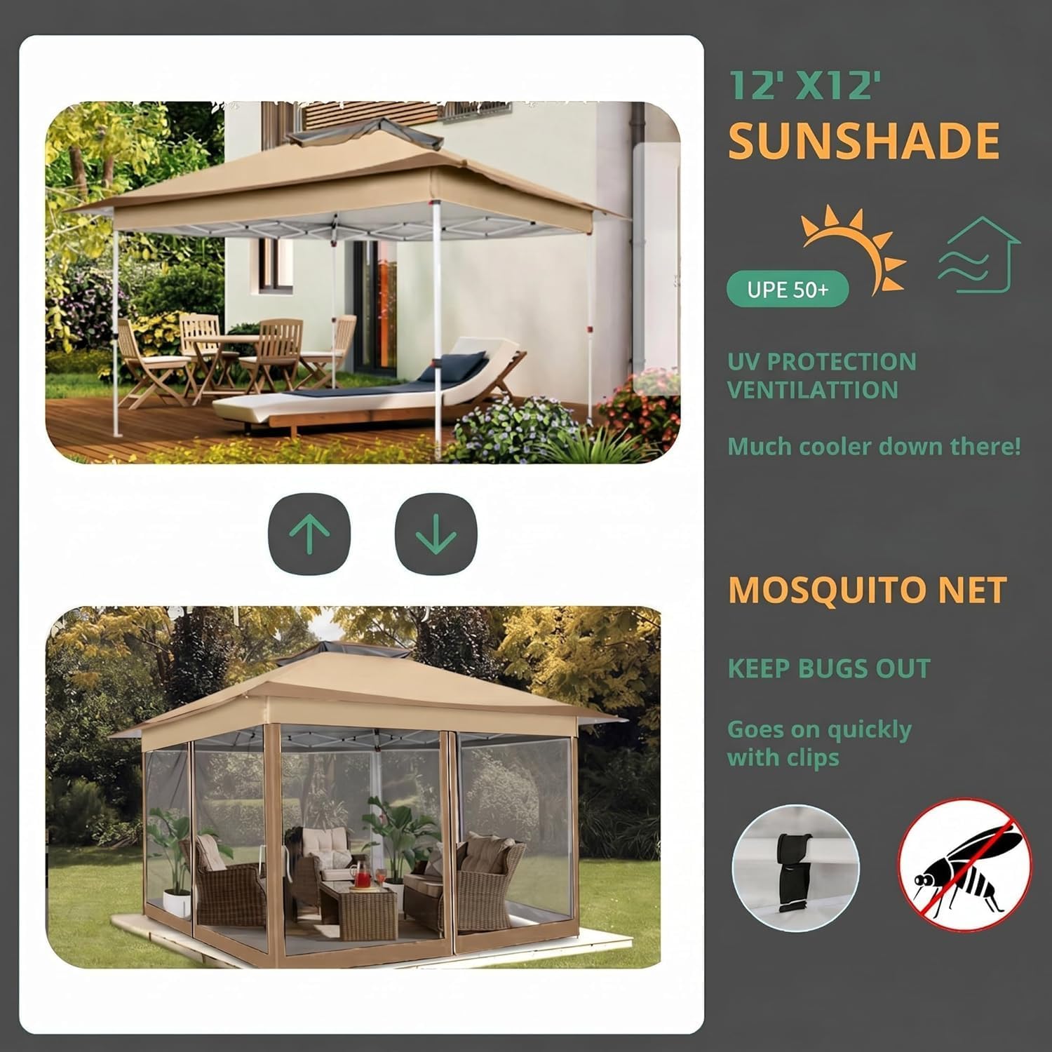 Hoteel 12x12 Pop Up Gazebos On Clearance - Upgrade Easy Up Metal Outdoor Gazebo Waterproof - Portable Gazebo with Mosquito Nettings