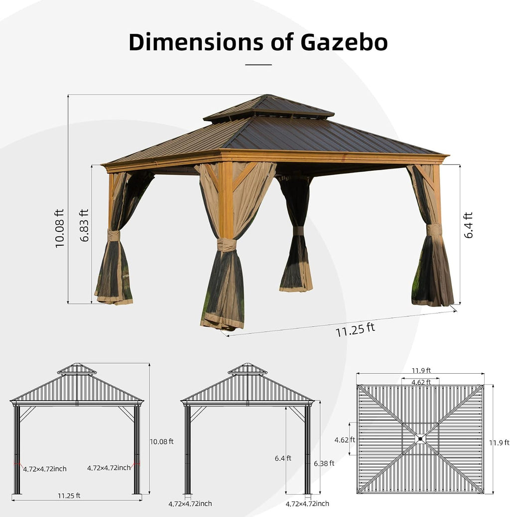 Domi Outdoor Living 12'x12' Hardtop Gazebo, Wooden Coated Aluminum Frame Canopy with Galvanized Steel Double Roof, Outdoor Permanent Metal Pavilion with Curtains and Netting for Patio, Deck and Lawn