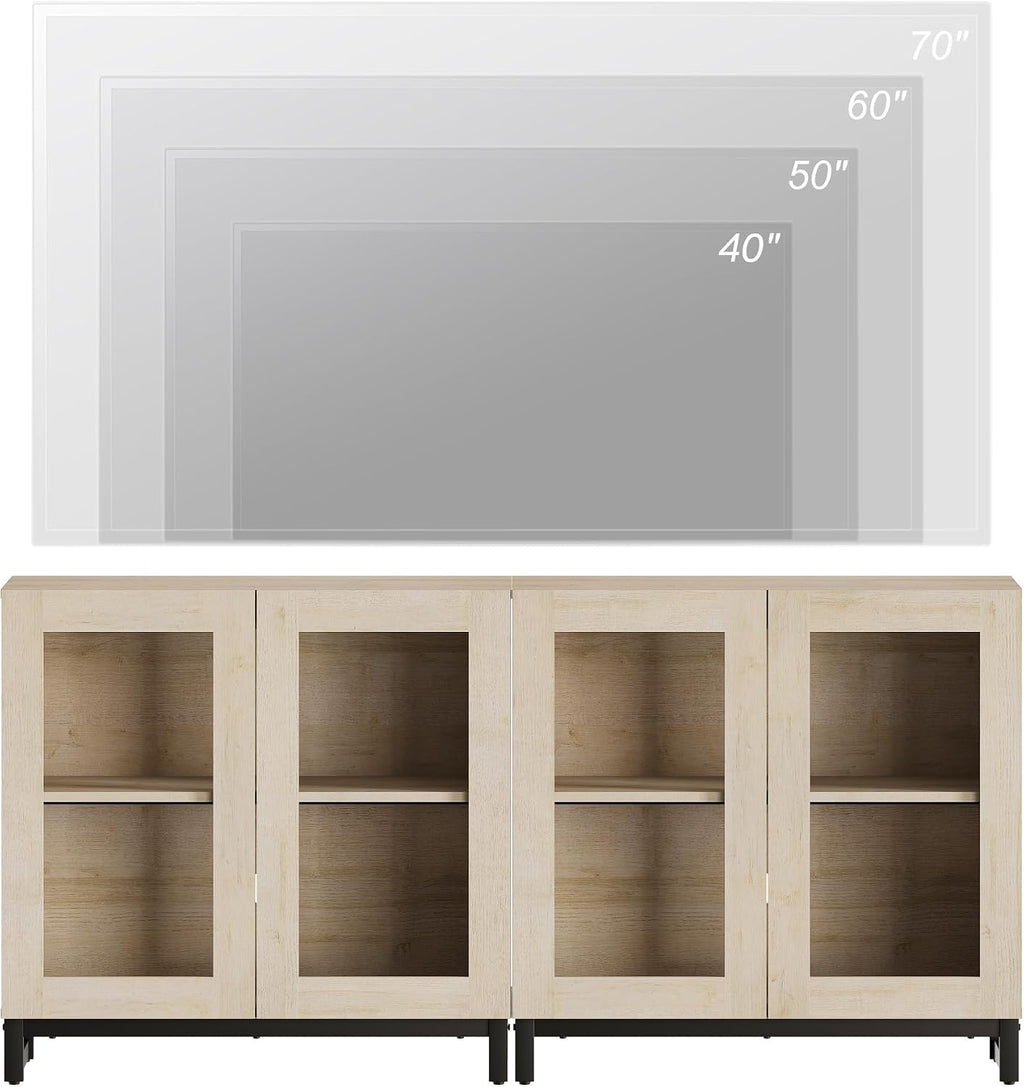 WAMPAT Modern TV Stand with Glass Doors for 40-70 inch TVs, 2 in 1 Entertainment Center Console with Adjustable Shelves and Metal Base for Living Room, Bedroom, Beige