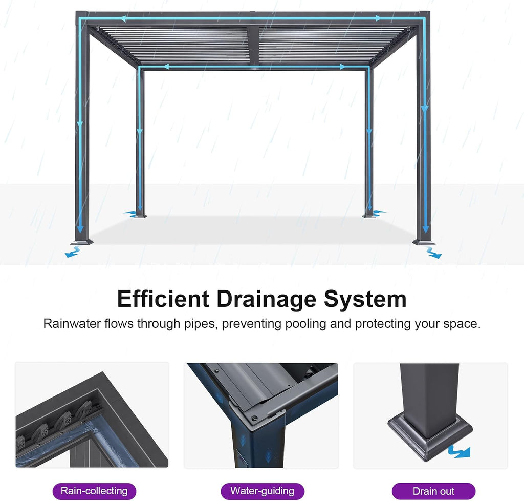 PURPLE LEAF Louvered Pergola w/Light 10' x 12' Aluminum Outdoor Pergola, Adjustable Louvers Roof, Integrated Drainage System 70 Mph High Wind Resistant Small Pergolas for Patio Deck Porch Yard