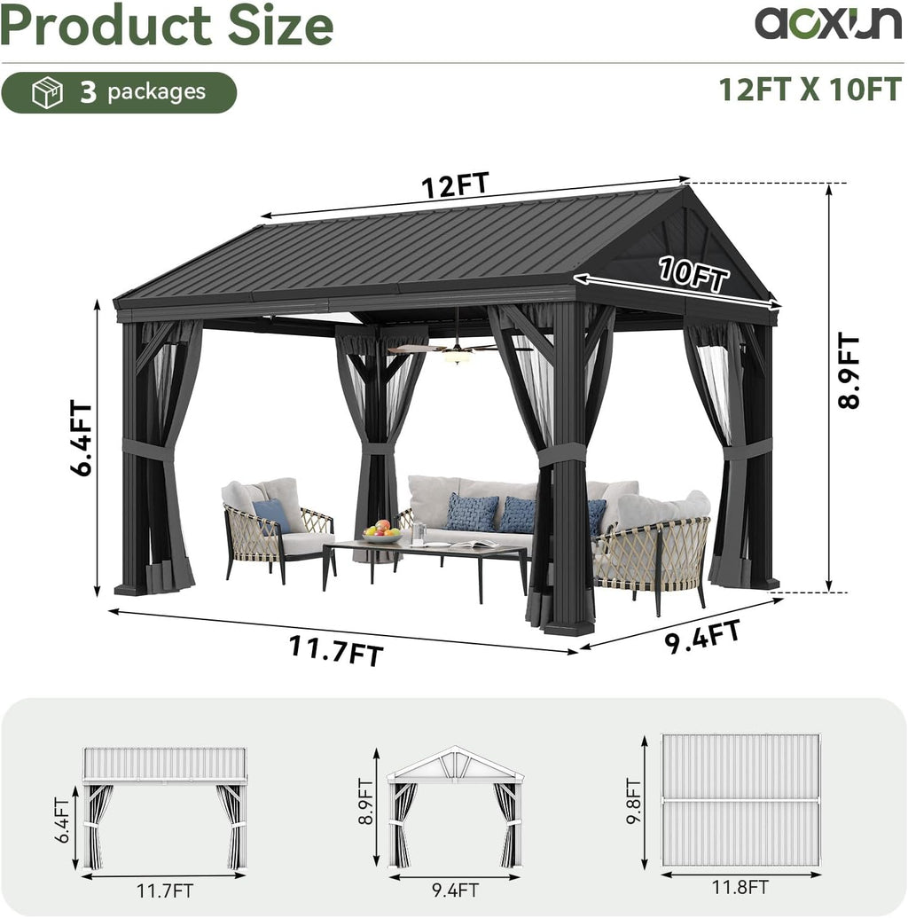 Aoxun 10' x 12' Outdoor Aluminum Gazebo, Hardtop Gazebo Permanent Metal Pavilion with Galvanized Steel Gable Roof, for Patio, Garden, Backyard, Square Foundation