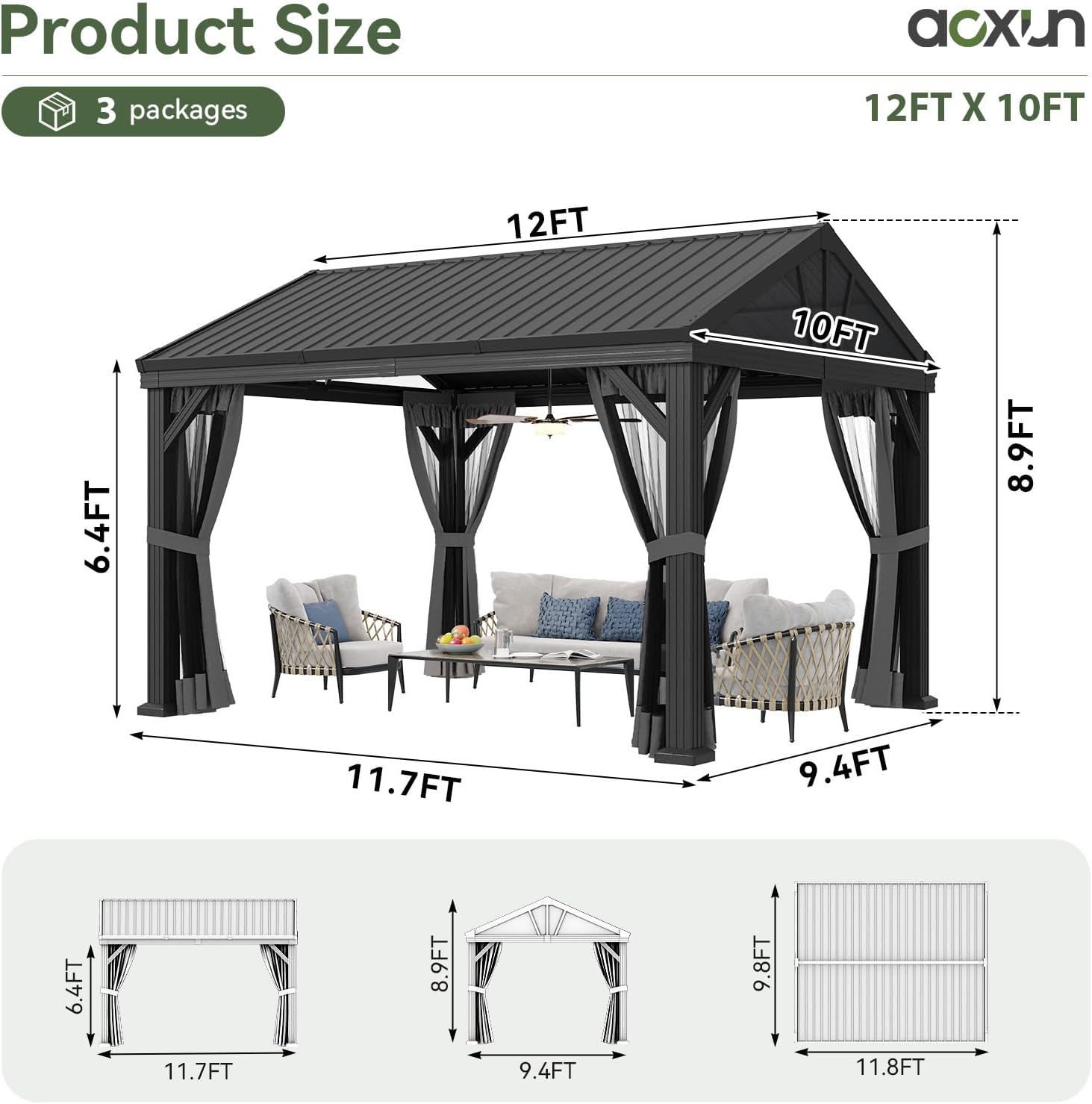 Aoxun 10' x 12' Outdoor Aluminum Gazebo, Hardtop Gazebo Permanent Metal Pavilion with Galvanized Steel Gable Roof, for Patio, Garden, Backyard, Square Foundation