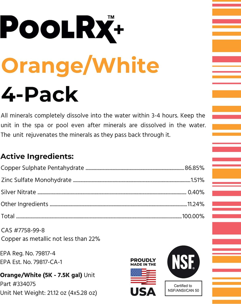 PoolRx+ Mineral Algaecide 4-Unit Pack, up to 6-Month Algae Control, for 5K-7.5K gallons, Orange & White, New Formula with Silver.