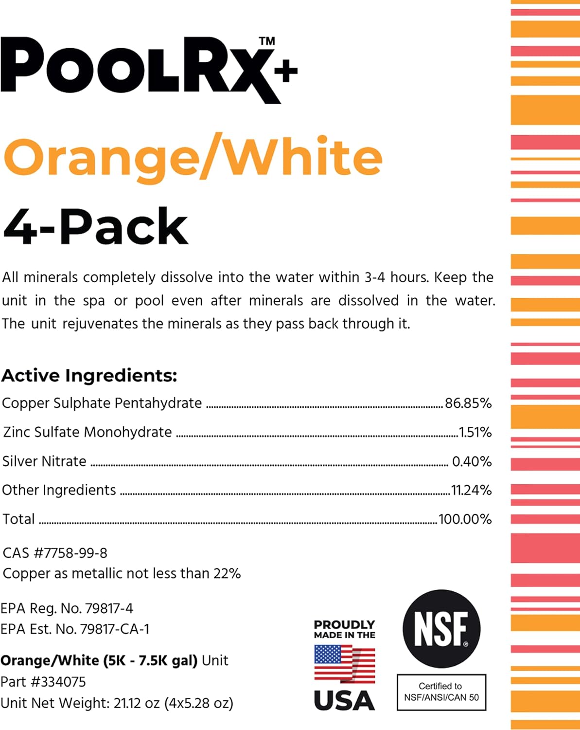 PoolRx+ Mineral Algaecide 4-Unit Pack, up to 6-Month Algae Control, for 5K-7.5K gallons, Orange & White, New Formula with Silver.