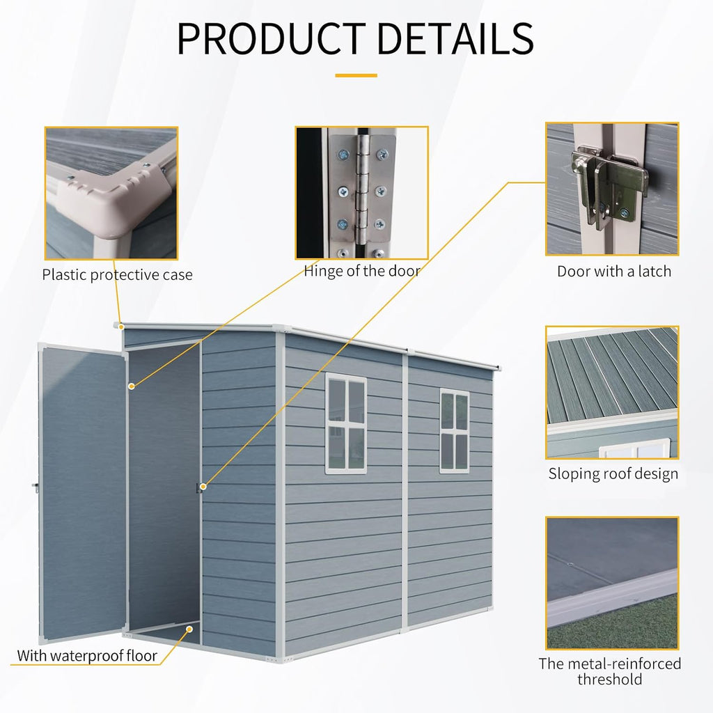 Storage Shed, 4x8ft Outdoor Storage Shed with Floor Included with 2 Windows and Lockable Door, Resin Sheds for House Garden Tools, Bike, Motorcycle, Lawn Mover, Lean to Shed, Grey