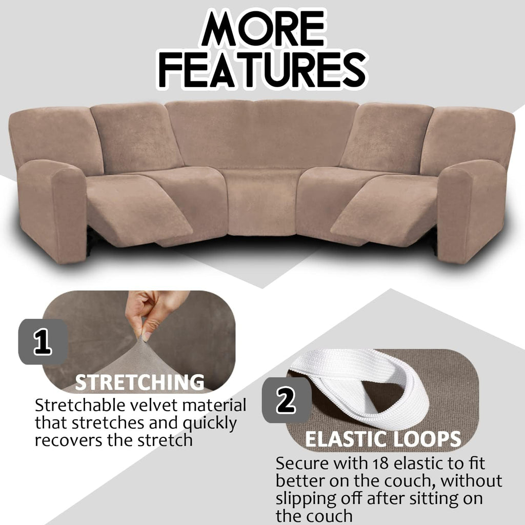 ULTICOR 7-Piece L Shape Sectional Recliner Sofa Covers, Velvet Stretch Reclining Couch Covers, Thick, Soft, Washable (Taupe, 5 Seat Recliner Cover)