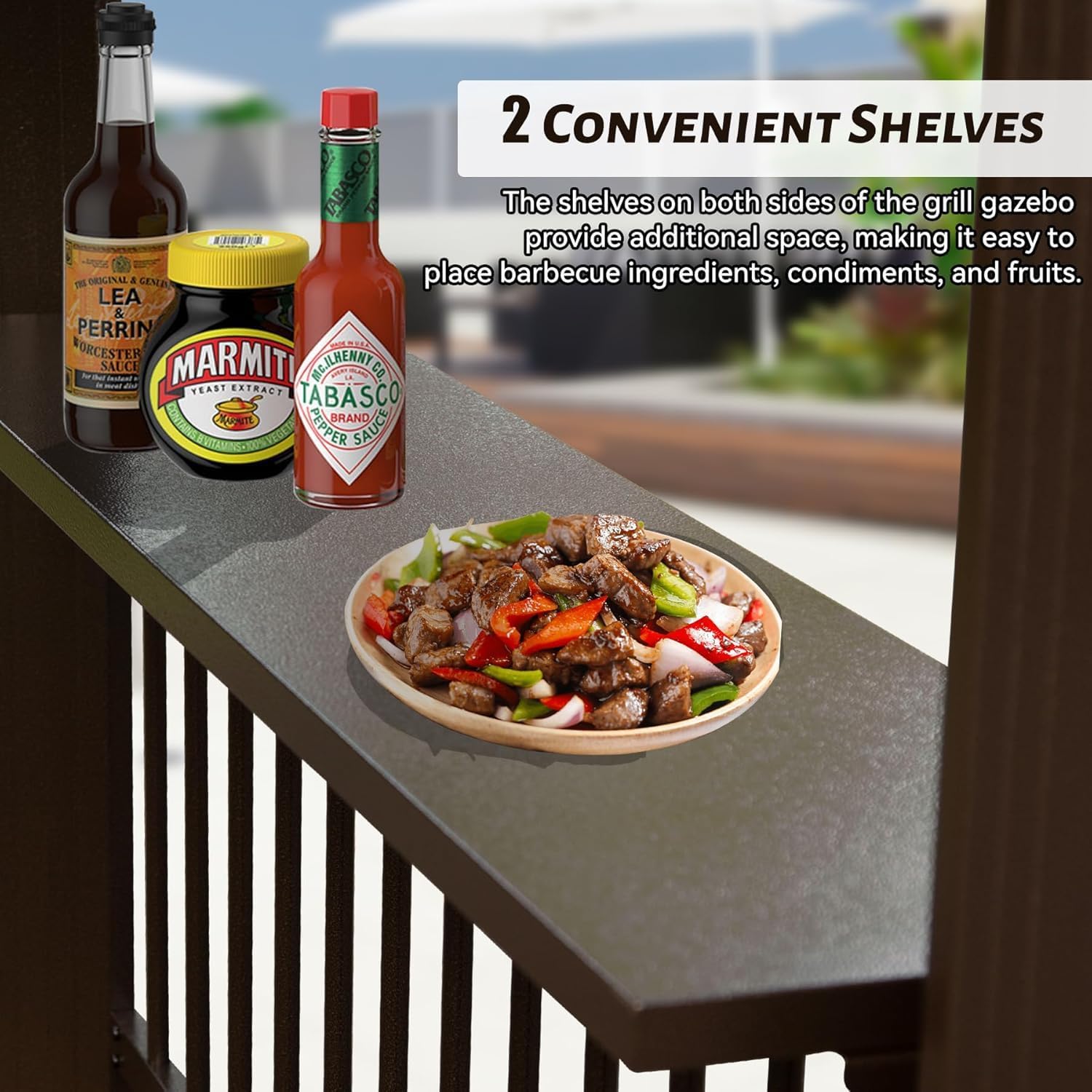 6.5x12FT Hardtop Grill Gazebo, Outdoor BBQ Gazebo with 2 Side Shelves and Sloping Galvanized Steel Roof, Metal Permanent Grill Canopy with Ceiling Hooks for Patio, Lawn, Backyard, Deck, Brown