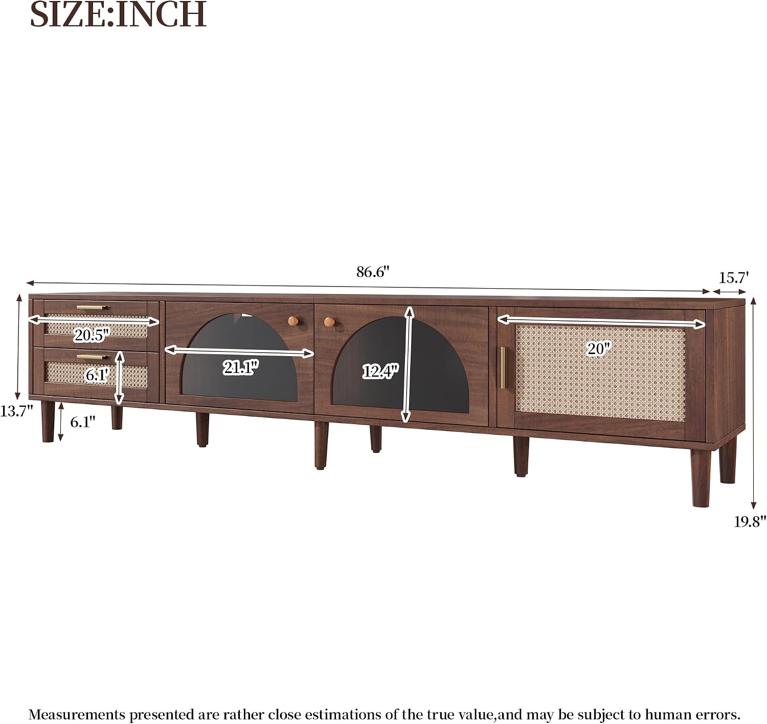 Merax Rattan TV Stand with LED Lights, 86' Entertainment Center with 3 Cabinets & 2 Drawers Media Console Table for TVs Up to 90', Solid Wood Feet, Living Room, Bedroom Furniture