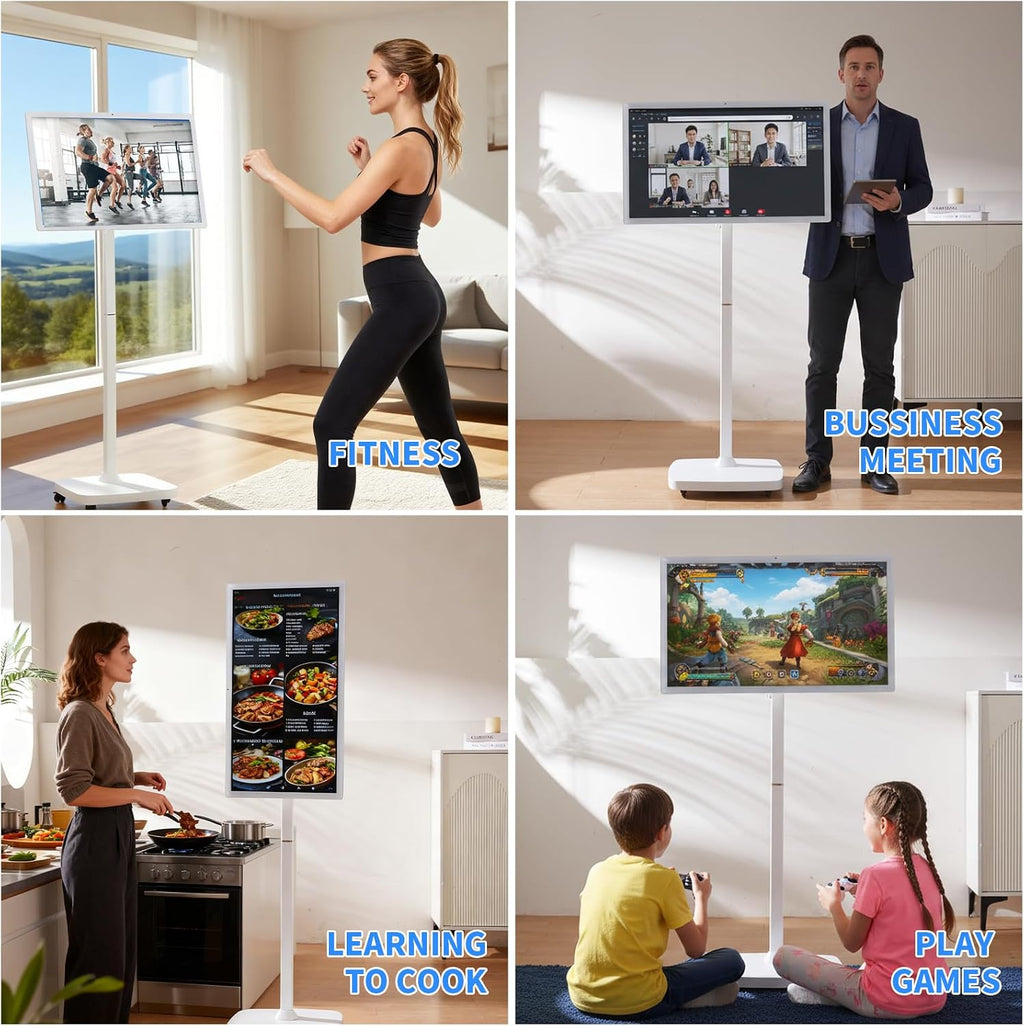 32 Inch Smart Portable TV on Wheels,FHD Touch-Screen-Monitor,Wireless RollableTV, 8G RAM,128G Storage,Built-in 6-8H Battery,Android 14,Full Swivel Rotation,Remote Control (White)