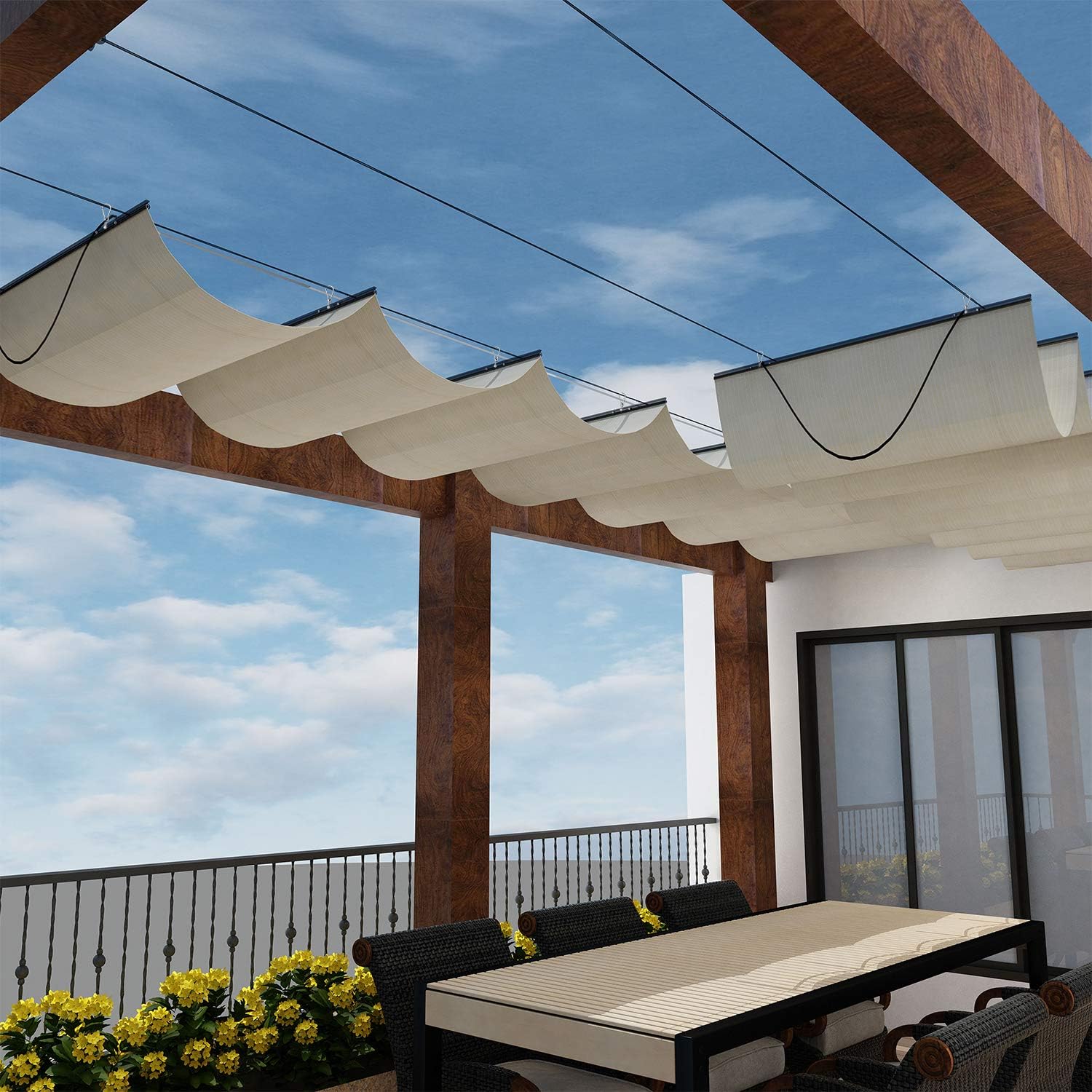 Windscreen4less 4' x 20' Retractable Sun Shade Canopy Cover Sliding Wave Shade Sail for Pergola Patio Deck Yard Gazebo Outdoor (Beige)