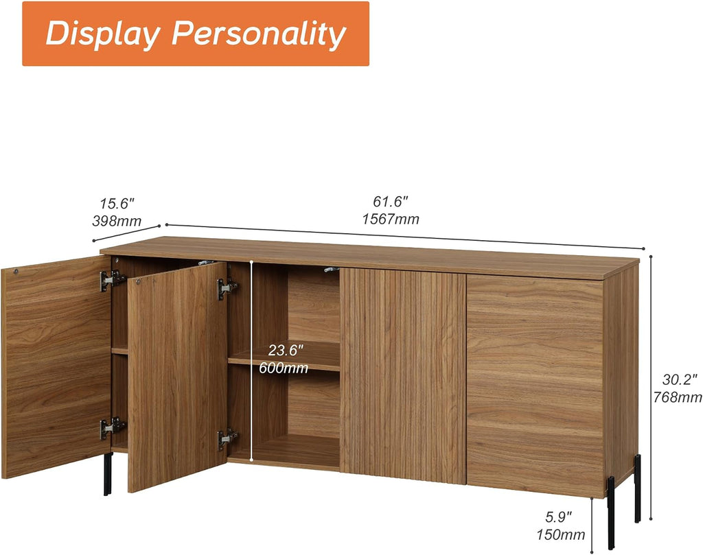 WAMPAT 61.6' TV Stand Cabinets for TVs up to 70 Inches, Entertainment Center with Storage Cabinets and 4 Doors, Mid Century Modern Media TV Console Table for Living Room Bedroom, Brown
