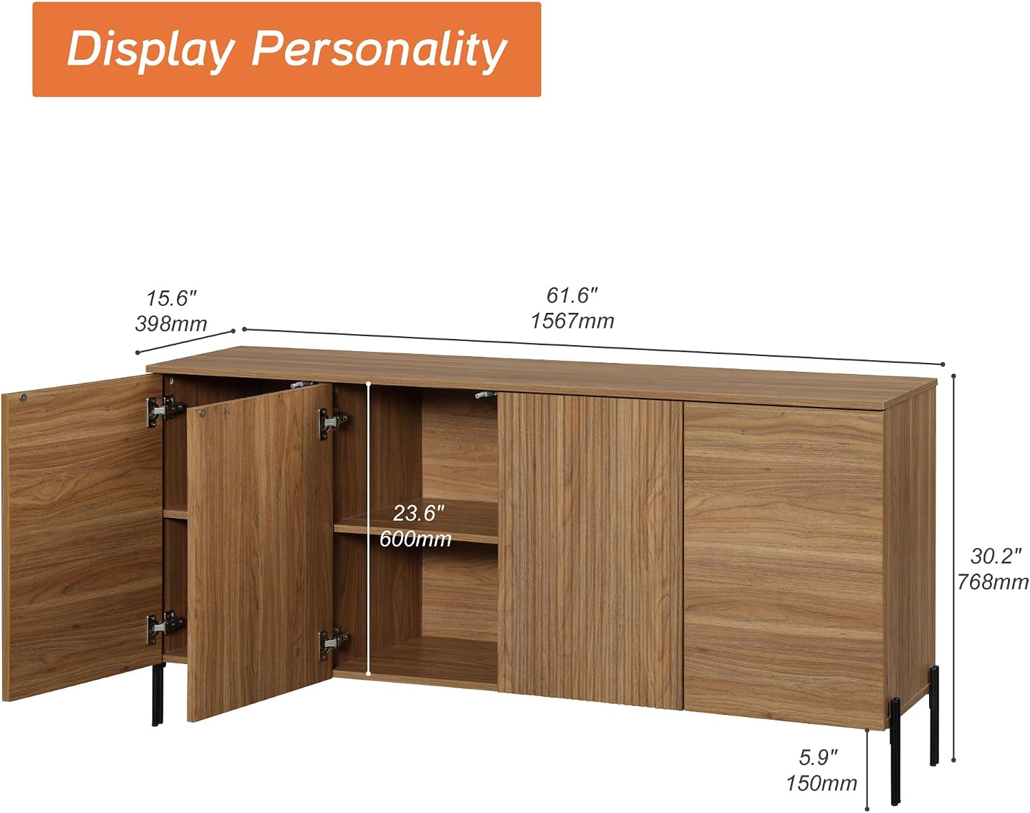 WAMPAT 61.6' TV Stand Cabinets for TVs up to 70 Inches, Entertainment Center with Storage Cabinets and 4 Doors, Mid Century Modern Media TV Console Table for Living Room Bedroom, Brown