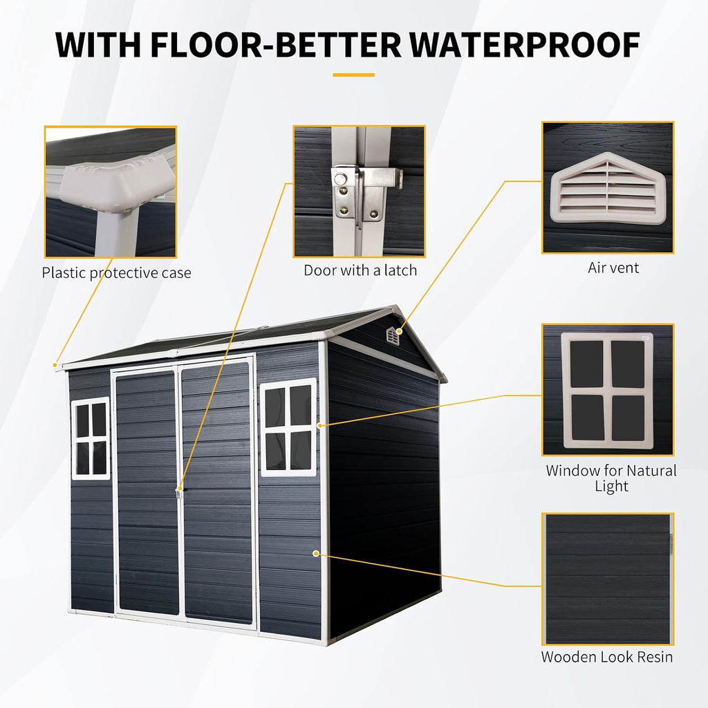 8x6 ft Outdoor Resin Storage Shed with Floor, Waterproof Plastic Tool Shed with Lockable Door and Two Windows, All-Weather Tool Sheds for Backyard, Patio, Lawn, Garden (Black, 8 x6 ft)
