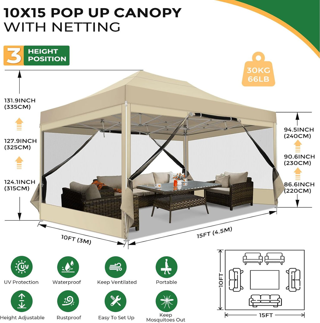 COBIZI 10x15 Heavy Duty Pop Up Canopy Tent with 4 Sidewalls, Commercial Gazebo Party Tent with Mosquito Netting Wall Easy Set Up Outdoor Instant Screen Gazebo for Backyard, Patio, Garden, Khaki