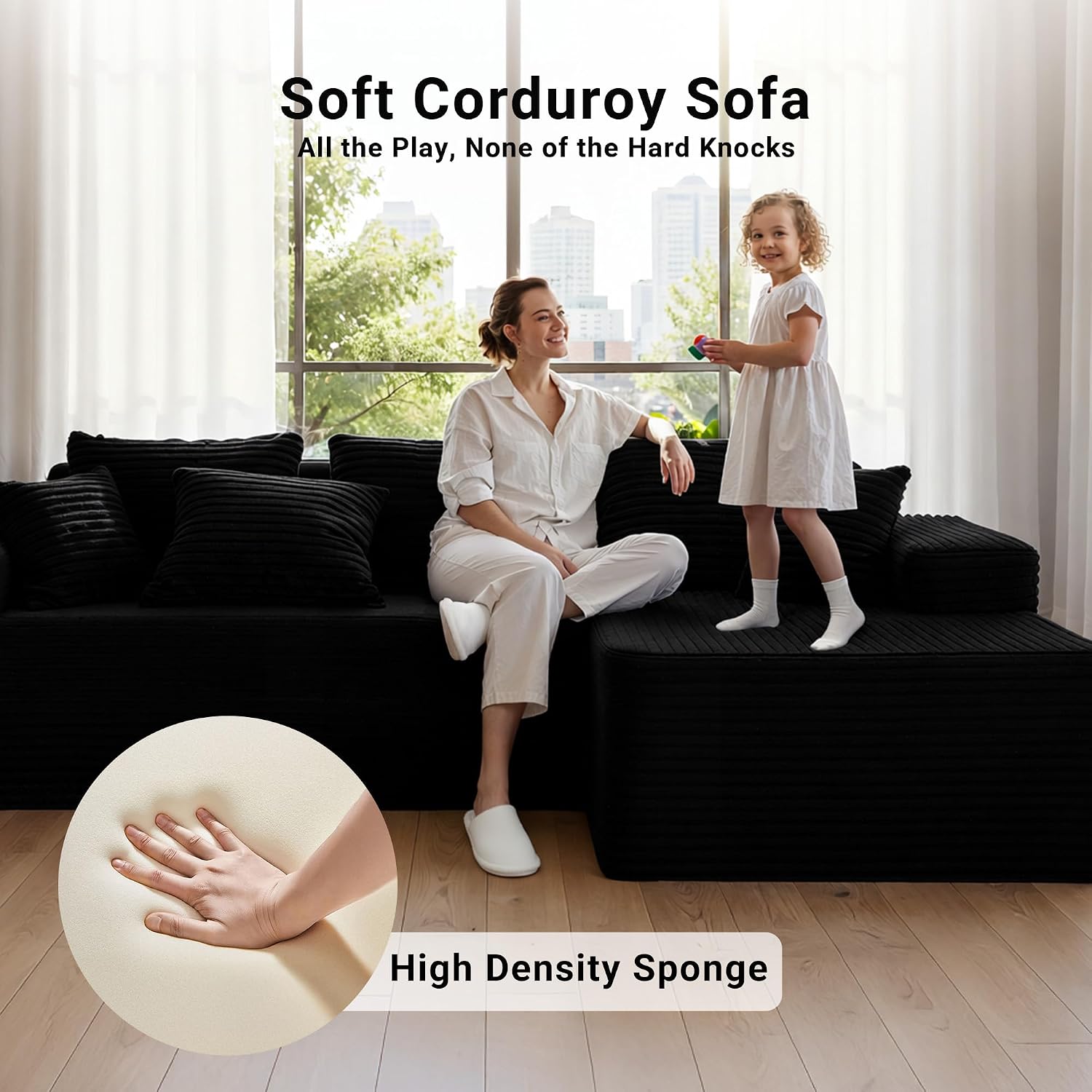 Claiks 104' Boneless Couch, Cloud Couch Sectional, L-Shape Corduroy Modular Sectional Sofa Deep Seat, Upholstered Couches for Living Room, No Assembly Required, Black, Right Facing Chaise