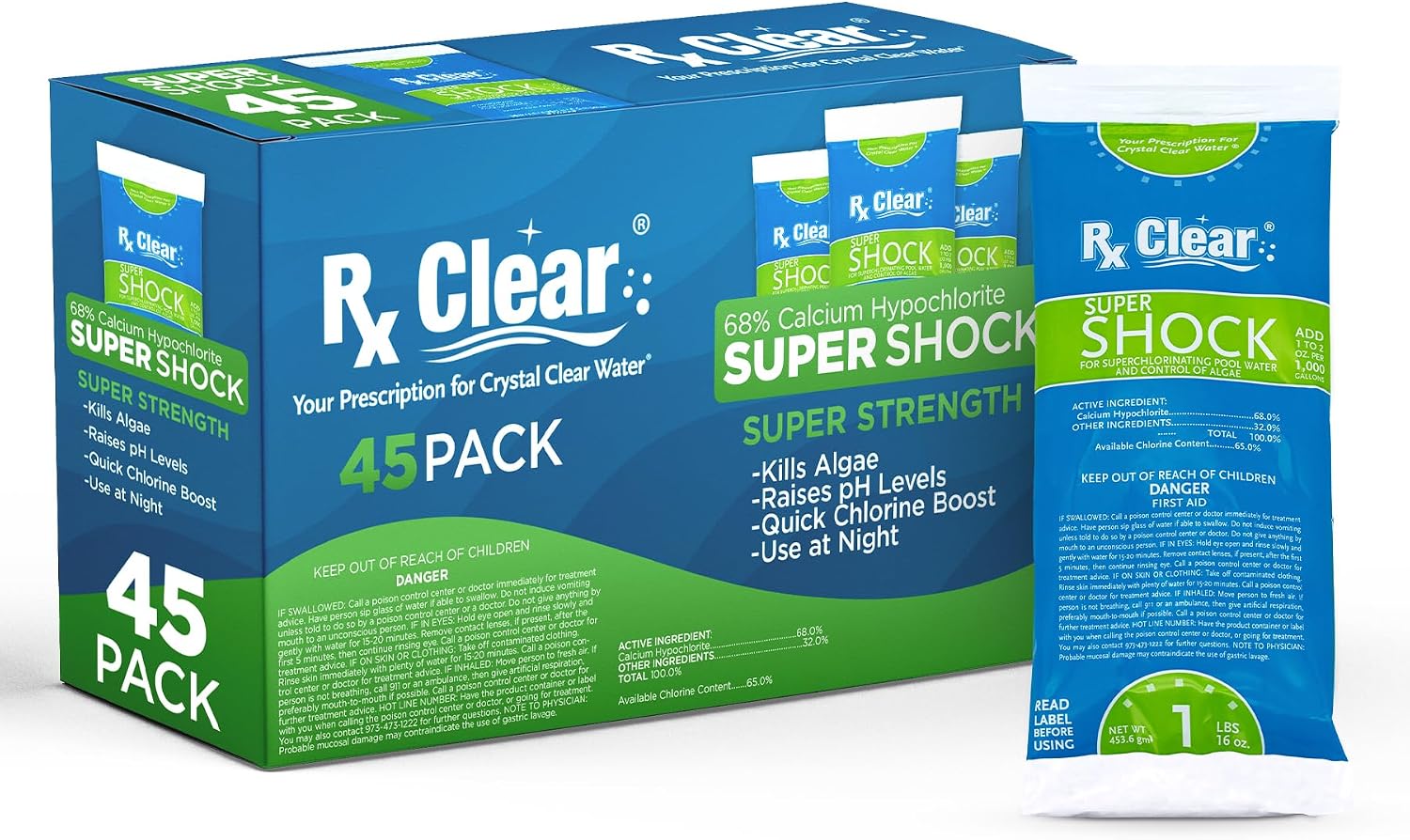Rx Clear Super Shock for Swimming Pools | 68% Calcium Hypochlorite Shock | Chlorinator and Algaecide | Kill Pool Algae for a Crystal Clear Pool | One Pound Bags | 45 Pack