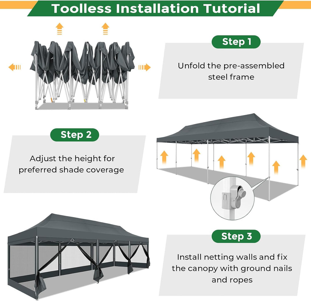 COBIZI 10x30 Heavy Duty Pop Up Canopy Tent with 8 Sidewalls, Easy Set Up Outdoor Waterproof Screen Commercial Party Tent with Mosquito Netting for Parties Backyard Patio, Roller Bag, Gray
