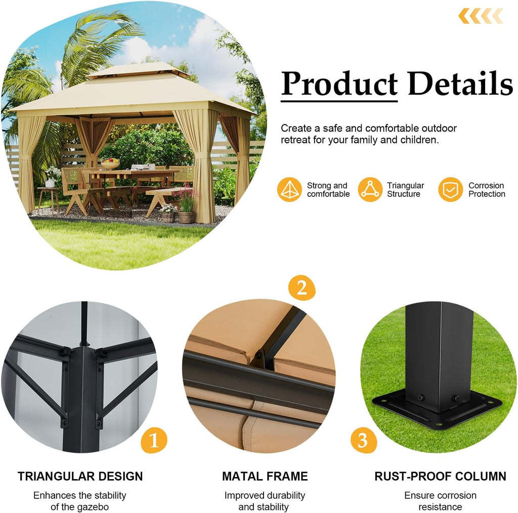 10' x 13' Khaki Large Pillar Double Roof Fabric Top Gazebo, Outdoor Patio Canopy with Curtains for Backyard, Garden, Lawn, and Events