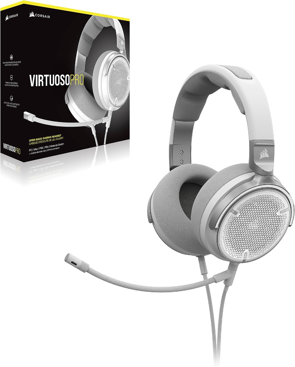 Corsair Virtuoso PRO Wired Open Back Gaming Headset - Detachable Uni-Directional Microphone - 50mm Graphene Drivers - 20Hz-40 kHz Frequency Response - White