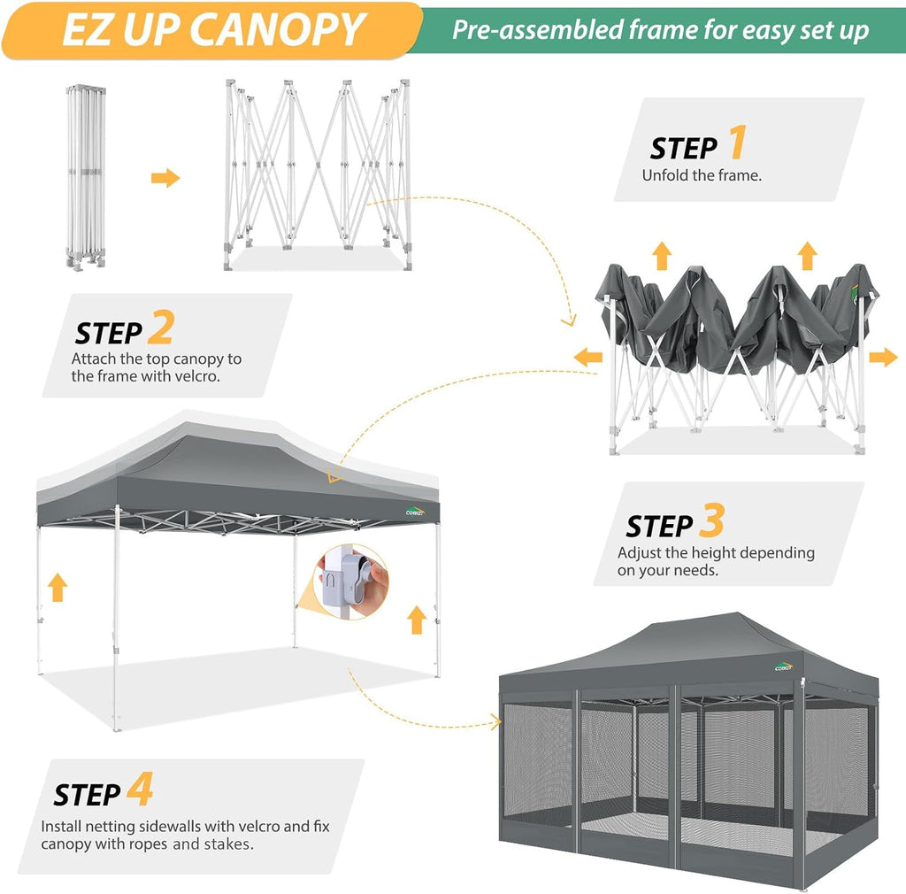 COBIZI 10x15 Heavy Duty Pop up Canopy with 4 Sidewalls, Canopy Tent with Mosquito Netting, Easy up Screen Party Tents for Parties Wedding Patio Backyard Commercial Gazebo with Handbag, Gray