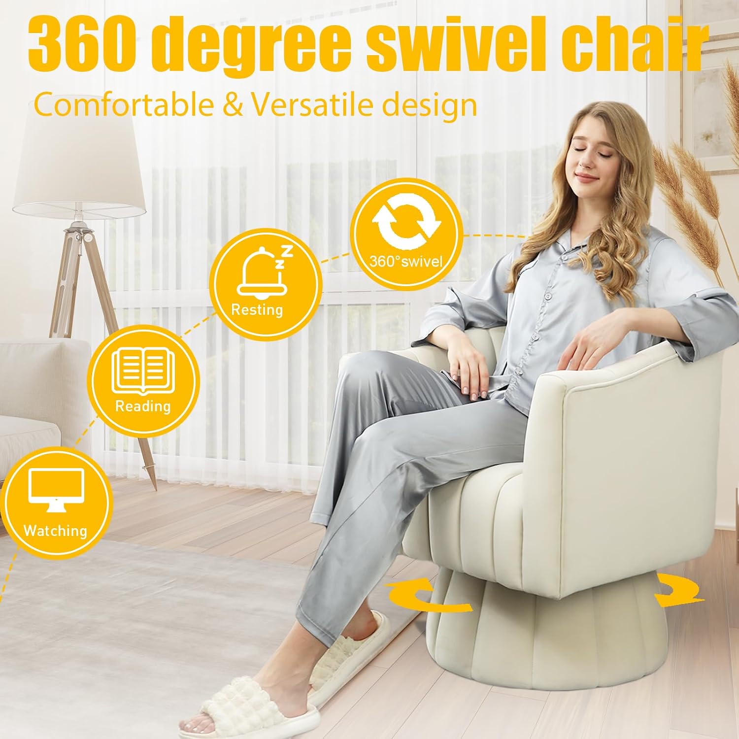 Dewhut Swivel Accent Chair, 360° Swivel Barrel Chair with Armrest, Velvet Upholstered Single Sofa Reading Chair for Living Room,Bedroom,Waiting Room(Beige)