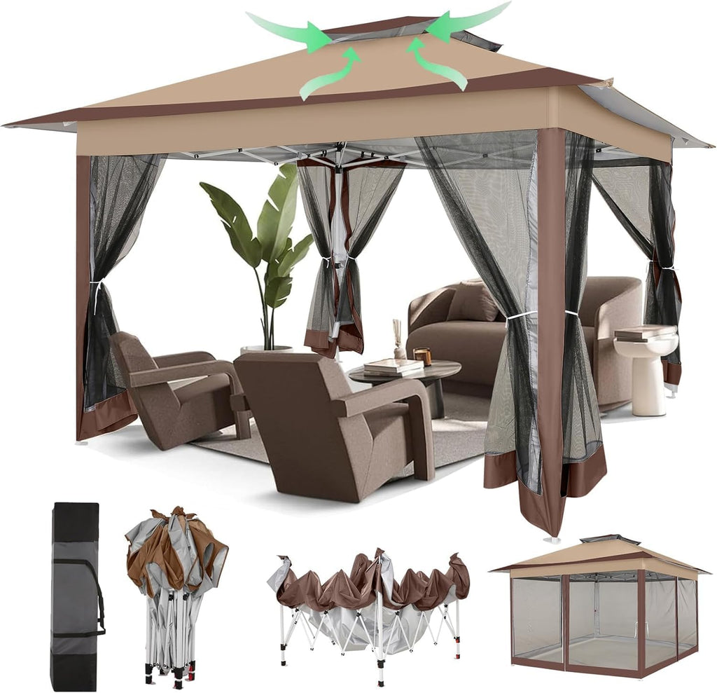 Hoteel 12x12 Pop Up Gazebos On Clearance - Upgrade Easy Up Metal Outdoor Gazebo Waterproof - Portable Gazebo with Mosquito Nettings