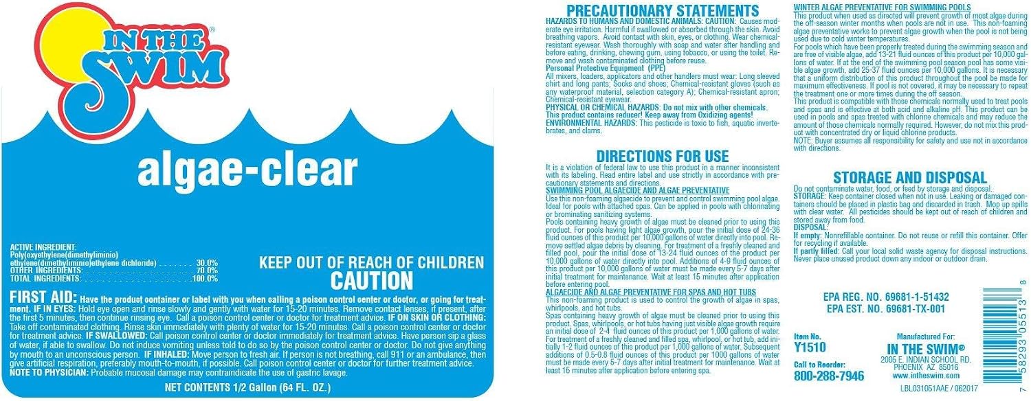 In The Swim Algae-Clear for Above Ground or Inground Swimming Pools - Powerful, Non-Foaming Algaecide and Water Clarifier - Removes Green, Yellow/Mustard, and Black Algae - 1 Gallon