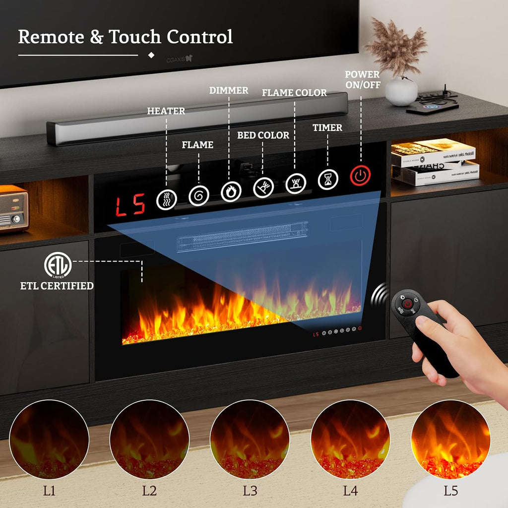 Kucreiheat Fireplace TV Stand for 65-80 inch TV, Large Entertainment Center with Fireplace,Power Outlet & LED Lights,High Gloss Living Room Storage Cabinet, 70''(High)