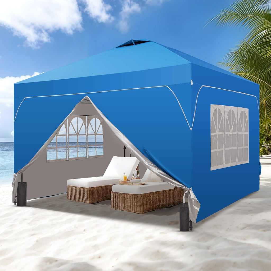 12x12 Pop Up Canopy Tent with One Push Setup, Outdoor Sun Shade Canopy with Vent Top for Backyard Party, Easy Up Instant Shelter with 4-Sandbags & Wheel Bag, Blue.