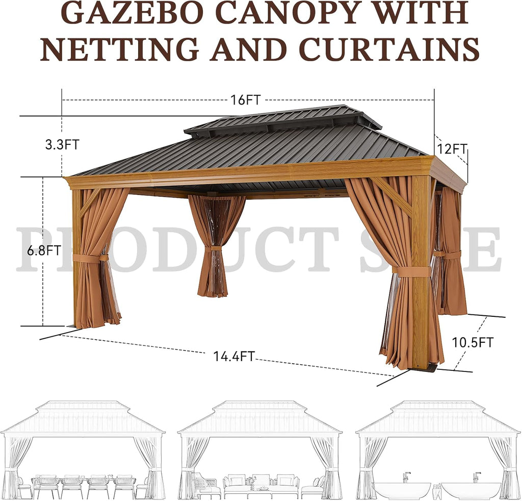 Gazebo 12ft x 16ft, Wooden Finish Coated Aluminum Frame Canopy, Galvanized Steel Double Top, Outdoor Permanent Metal Pavilion with Privacy Curtains and Netting, for Patio, Deck and Backyard