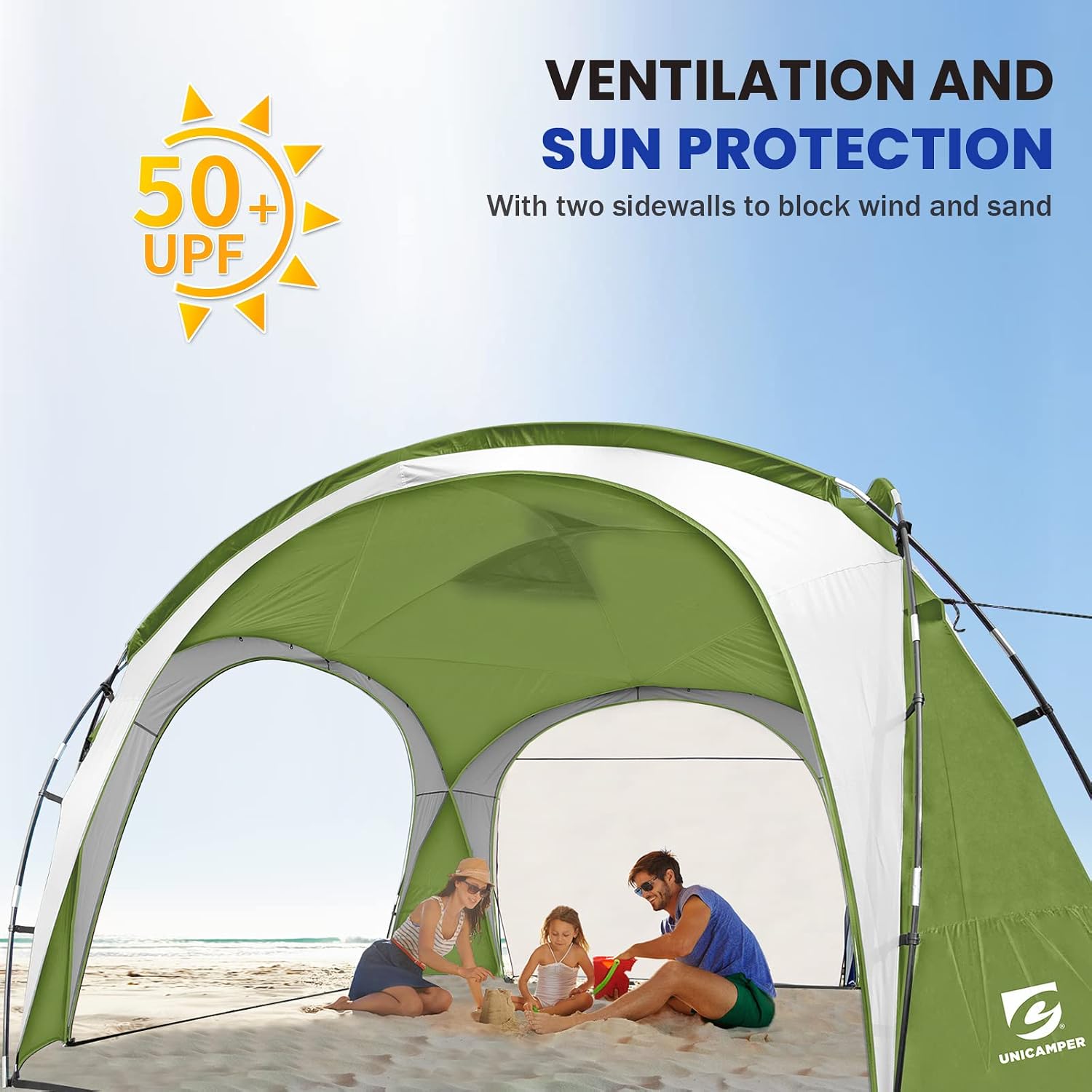 UNICAMPER Beach Tent 12 X 12ft Large UPF50+ Pop Up Canopy with 2-Pcs Side Wall