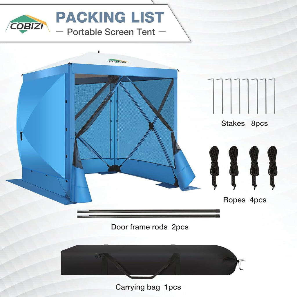 COBIZI 6x6FT Pop Up Gazebo Screen Tent Screen House for Camping, Screen Room with Sidewalls and Mosquito Netting, Hub Tent Instant Screened Canopy with Carrying Bag and Ground Stakes, Blue