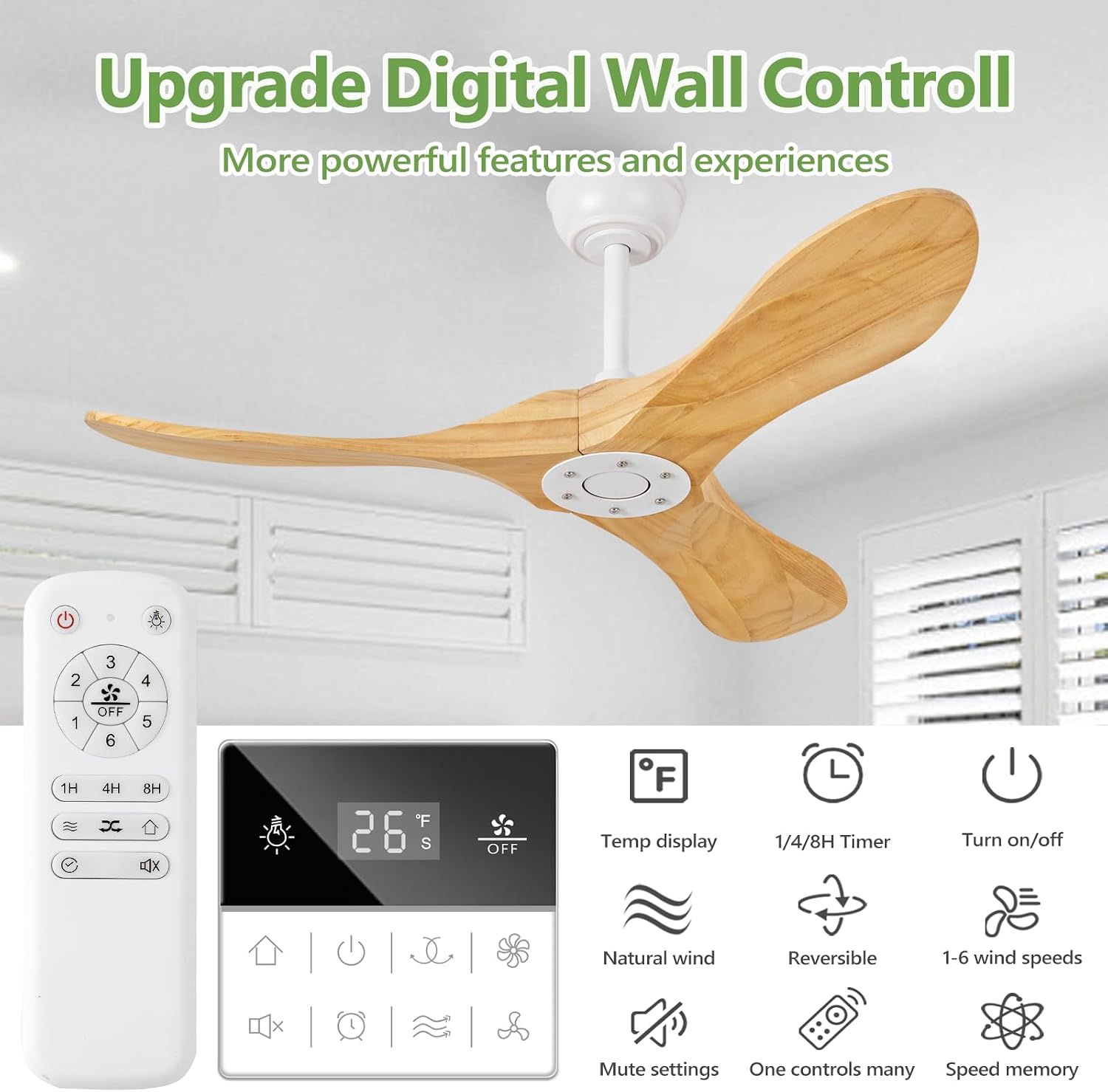 42 Inch Solid Wood Ceiling Fan No Light,Propeller Outdoor Ceiling Fans Without Lights with Wall Switch and Remote Control,Quiet DC Motor,3 Blades Ceiling Fan for Patios,Living Room,Bed Room