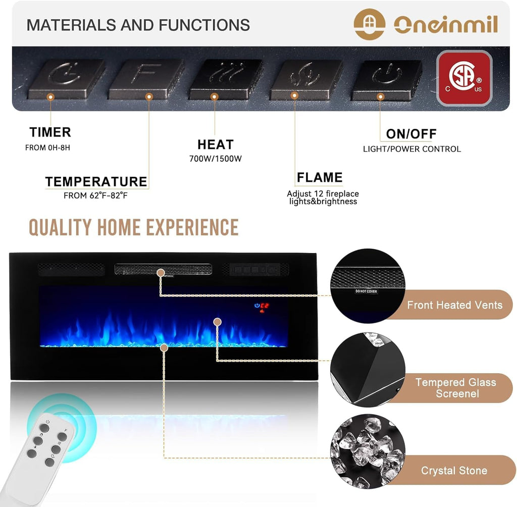 oneinmil 70' Fireplace TV Stand with Power Outlet for TVs Up to 80', Electric Fireplace Entertainment Center with LED Lights & Storage Cabinets, Media Console Table for Living Room, Black