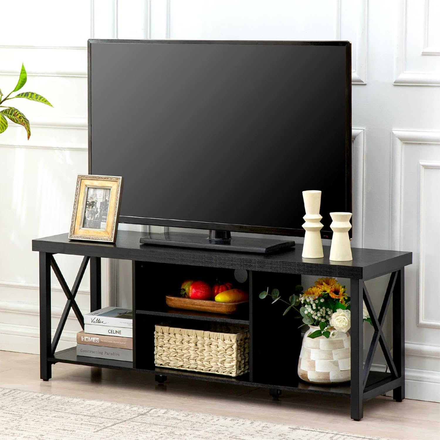 GAZHOME TV Stand for TV up to 55 Inches, TV Cabinet with Open Storage, TV Console Unit with Shelving for Living Room, Entertainment Room, Black