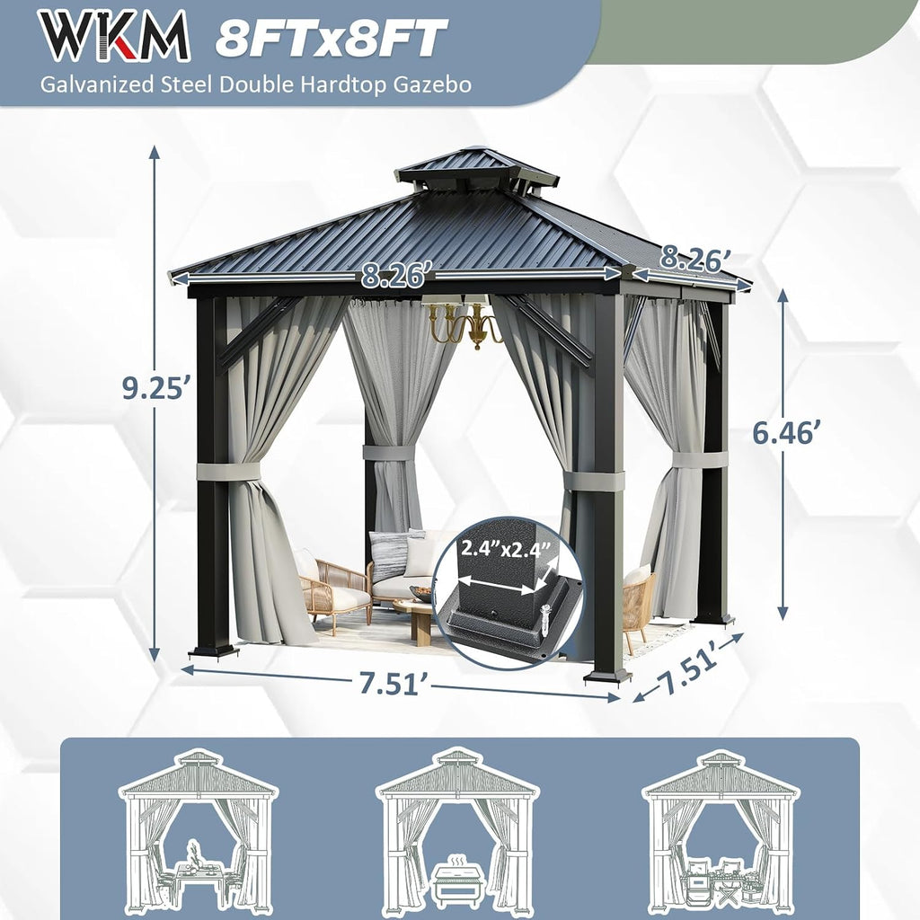 WKM 8x8 FT Hardtop Gazebo, Permanent Aluminum Gazebo with Galvanized Steel Double Roof, Outdoor Patio Pergola with Curtains and Breathable Netting for Garden, Lawn, Deck, Party